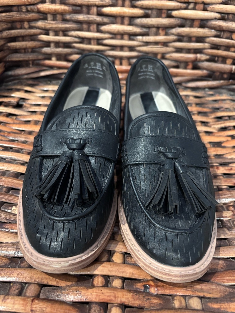 Franco Sarto Black Tassel Loafers with Light Tan Sole in size 6.5